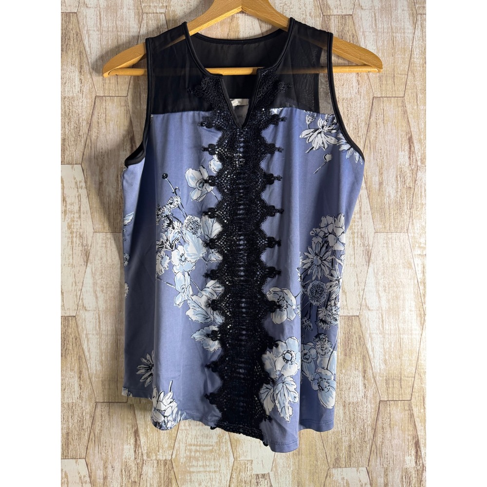 Maurices Womens Medium Blue Floral Sleeveless Top Sheer Mesh Yoke Crochet Lace
